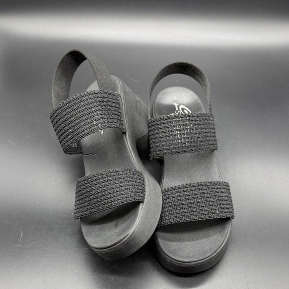Skechers Cali Luxe Foam Black Wedge Sandals Women‎ Size 8 Elastic Straps - Picture 2 of 8